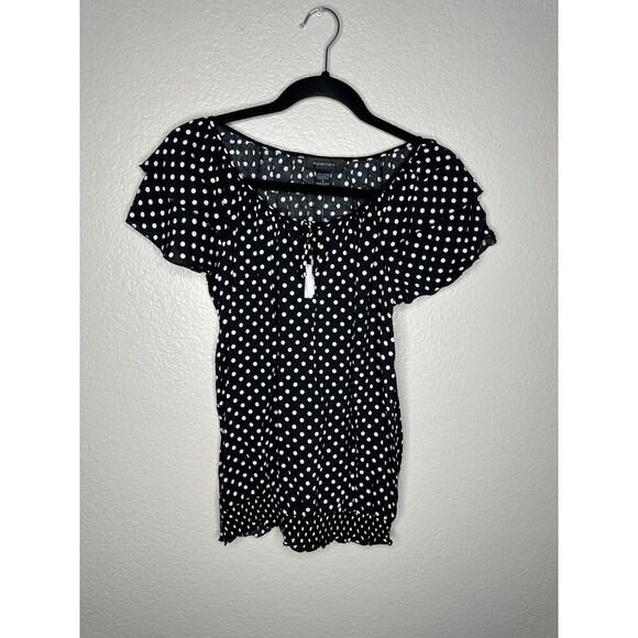 Sponse Shirt Womens Small Black White Polka Dot Flutter Sleeve Elastic Hem Top - Picture 1 of 7